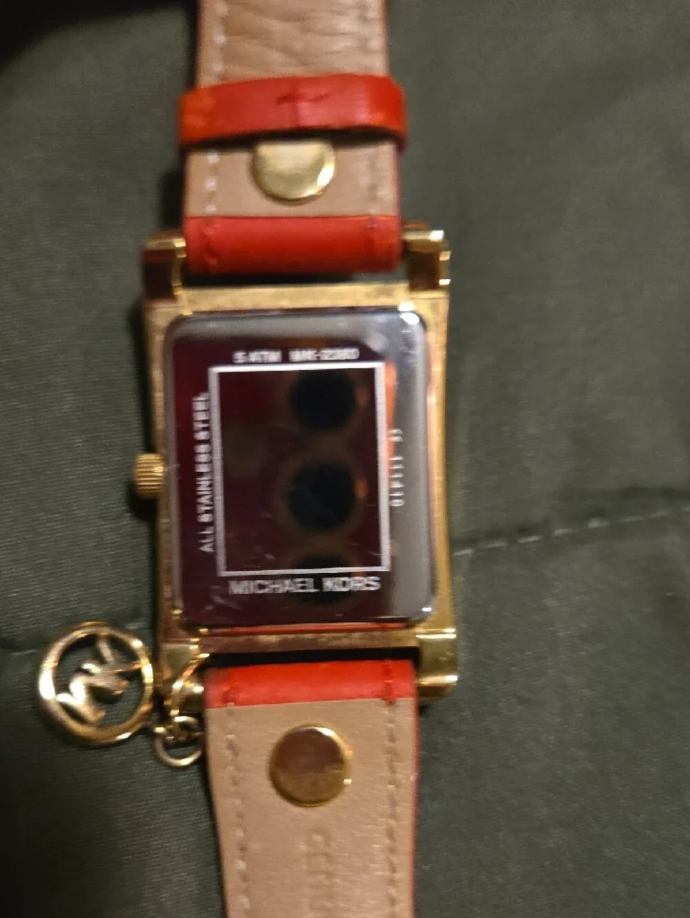 Michael Kors Gold Crystal-Trim Rectangular Watch with Red Leather Strap